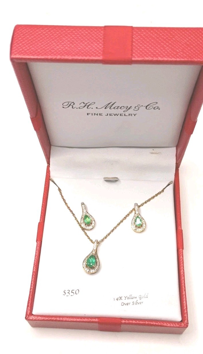 Necklace Earrings Set Bridge Gemstone Emerald 5/8 CT 14k Yellow Gold Over Silver