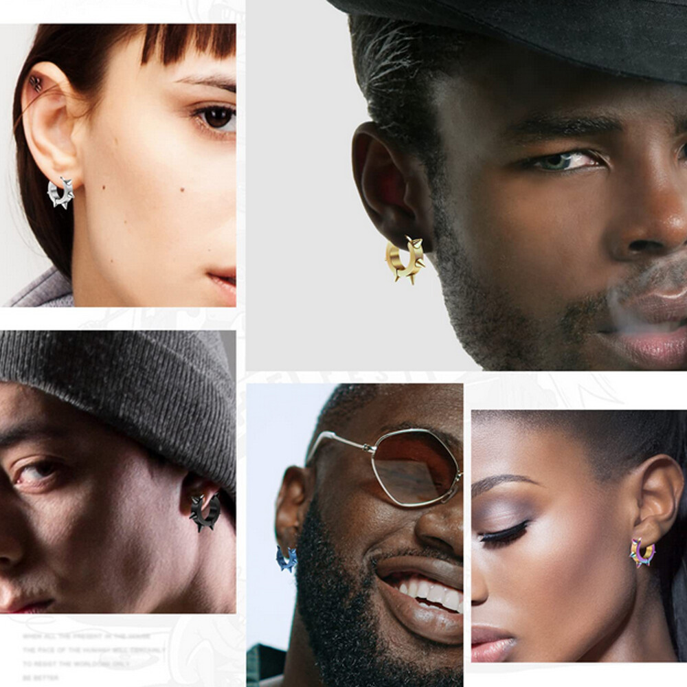 Punk Rock Stainless Steel Spike Circle Huggie Hinged Hoop Earrings for Men Women