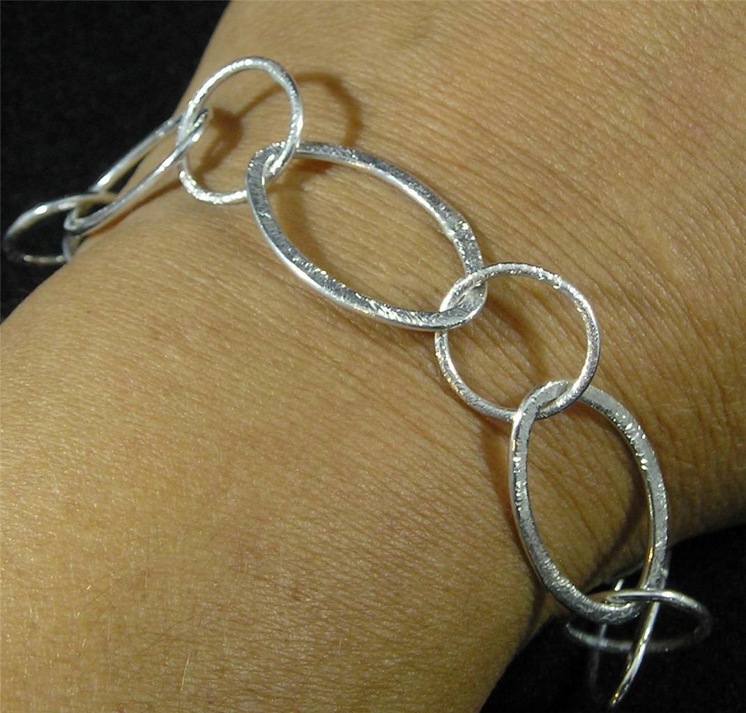 Large Brushed Textured Silver Plated Copper Oval Round Shiny Link Chain Bracelet