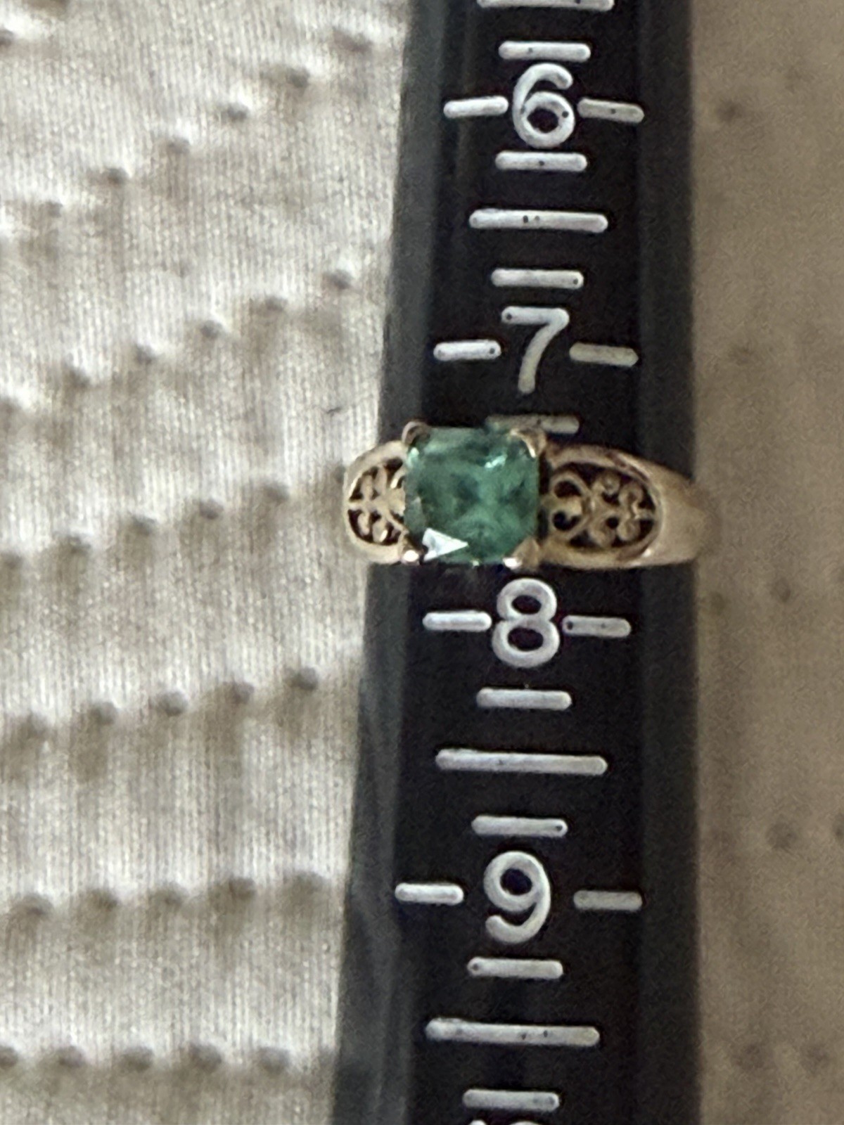 White Gold Filigree Band Ring Green Tourmaline 1K Square Stone Prong Set Size 8