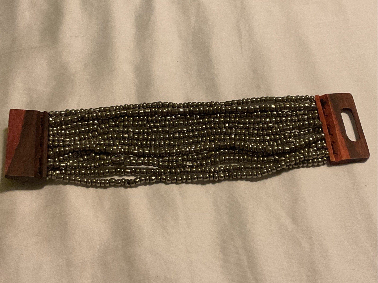 SILVER COLOR Beads BROWN WOODEN BUCKLE BALI STYLE BRACELET 14 STRANDS 8 INCHES