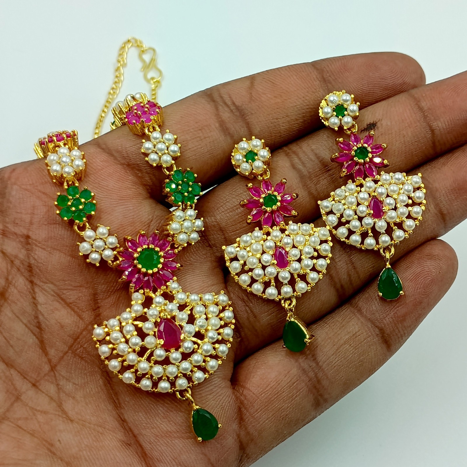 Ethnic 22K Gold Plated Kemp Ruby Emerald & Pearl Necklace Jewelry For Women