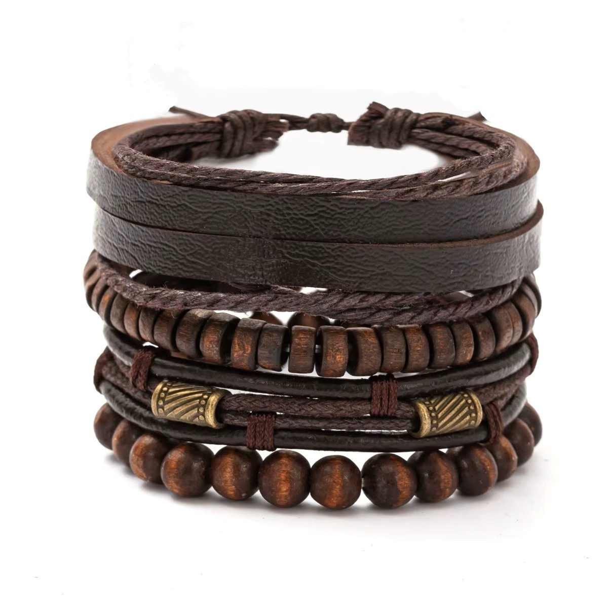 SET OF 4 BROWN PUNK ALLOY PU LEATHER UNISEX BRACELET