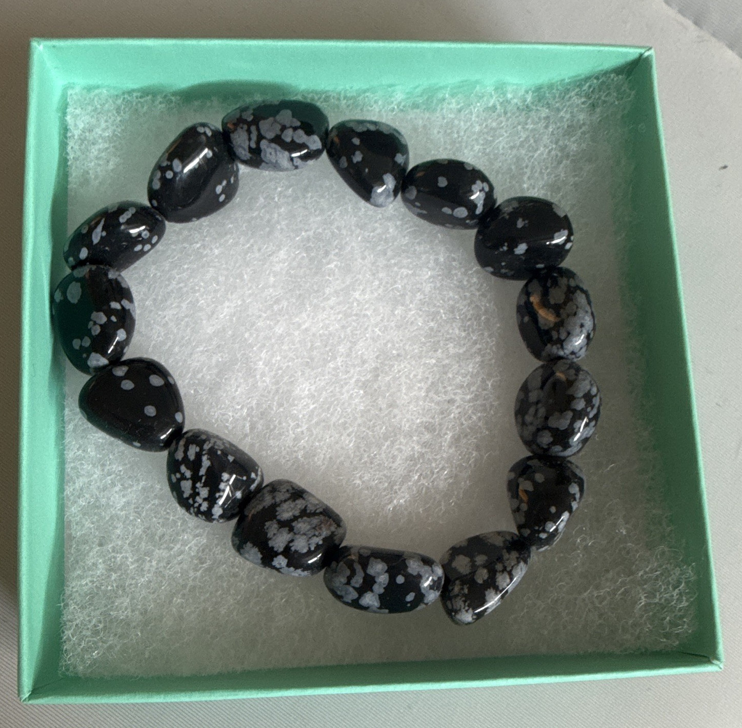 Black & Gray Snowflake Obsidian Pebble Beaded Stretch Bracelet, Oval Shape
