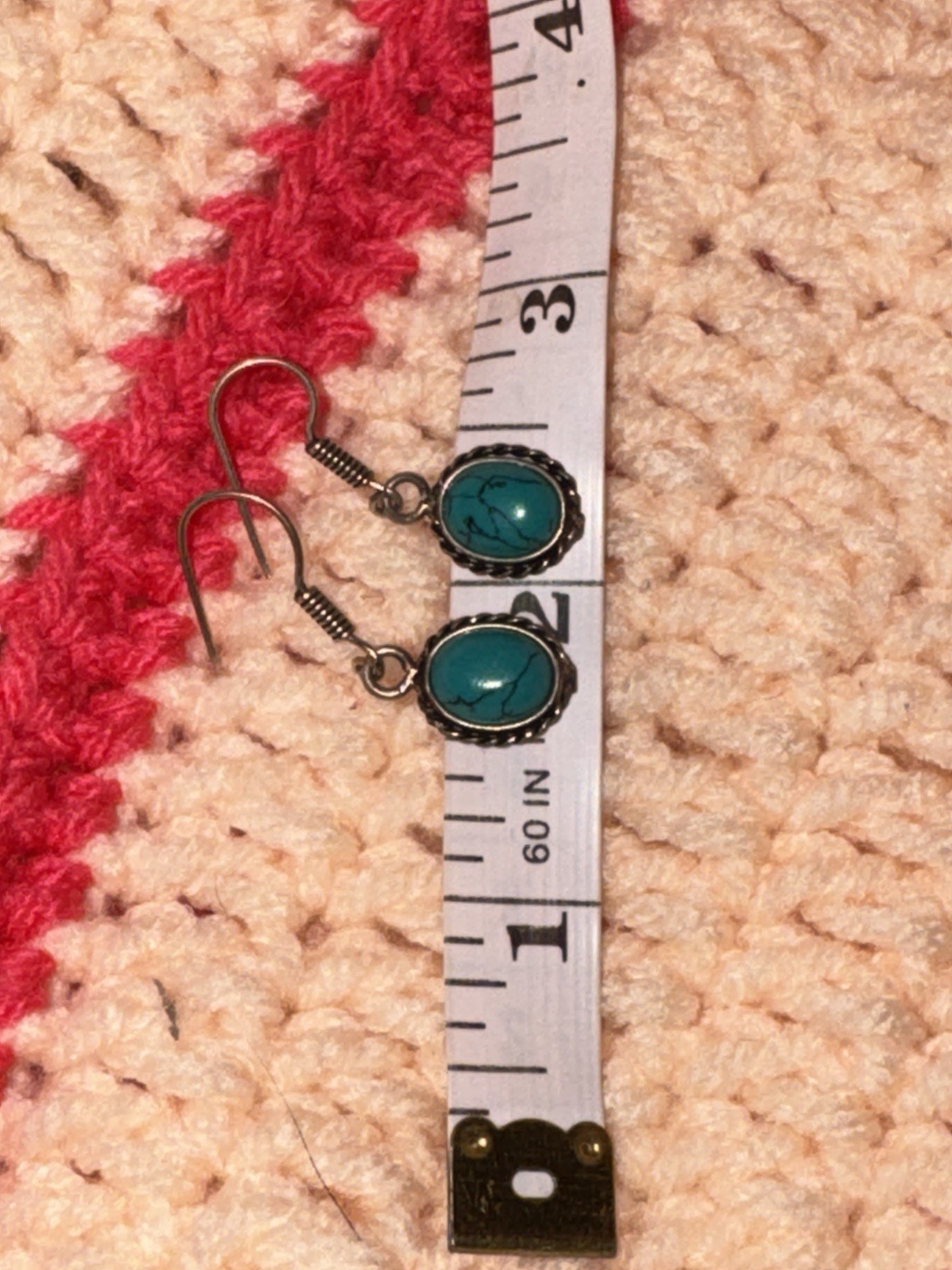 Silver Tone Oval Blue Turquoise Cabochon Bezel Set Dangle Hook Earrings 1.5 in