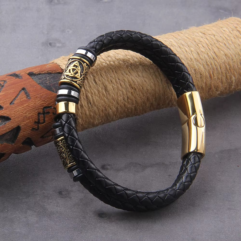 Viking Leather Bracelet Norse Runes Stainless Steel Braided Cuff