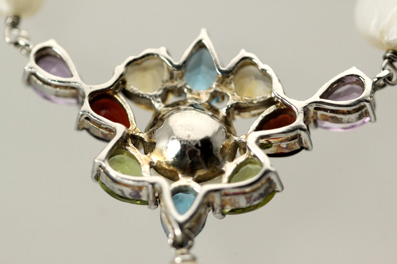 925 Sterling Silver Multi Colored Stones & Pearls 20″ Necklace 17 Grams NEC5402