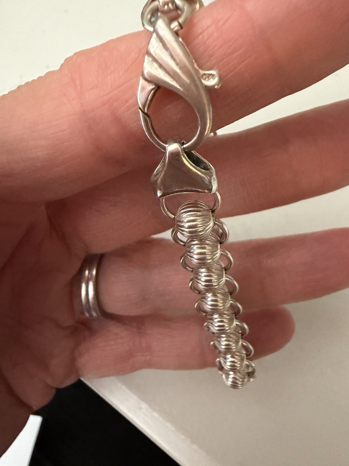 Sterling Silver 925 Ridged Ball Bead Link Bracelet 6.5 Inches Lobster Claw