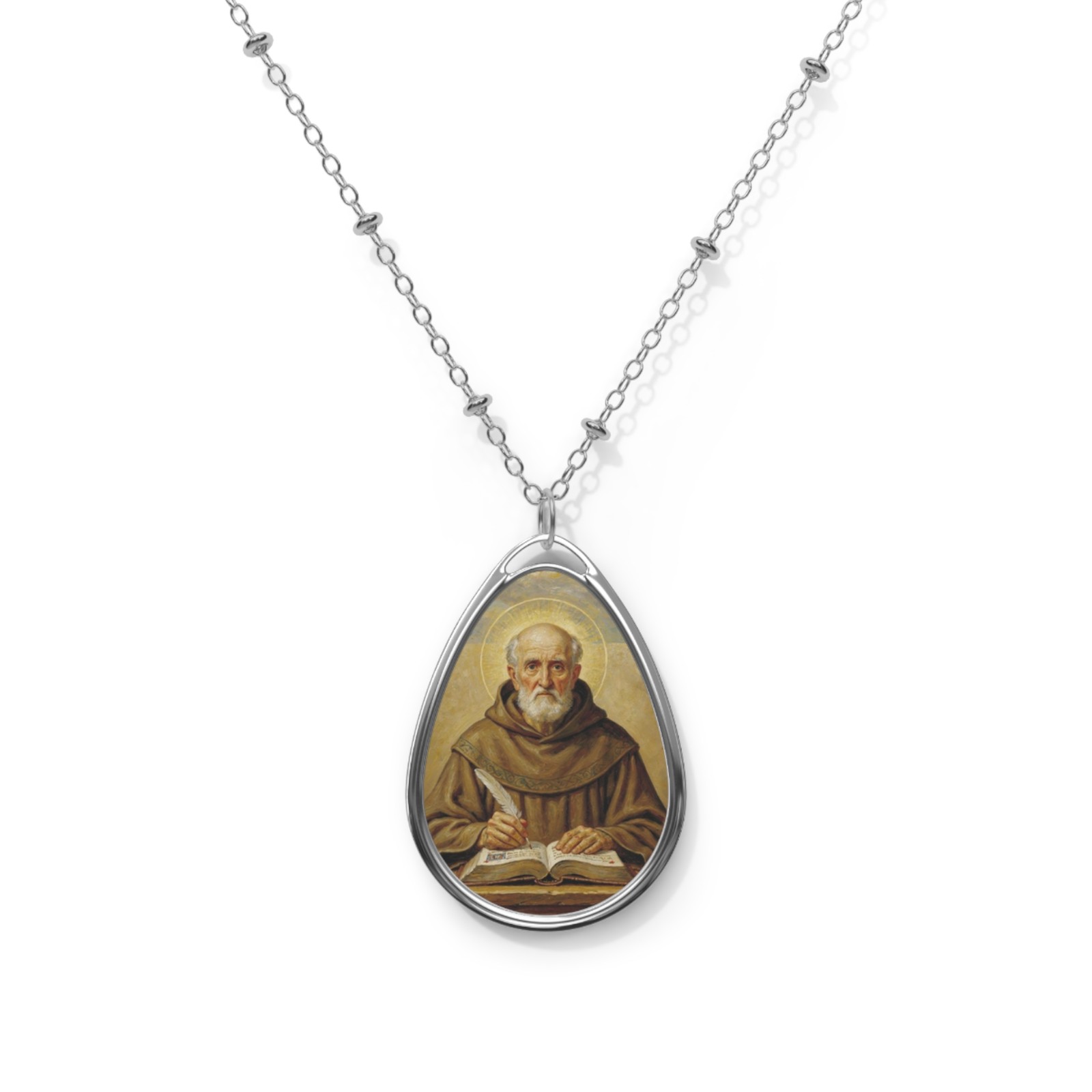 Saint Bede, Oval Pendant Necklace, Christian Gift
