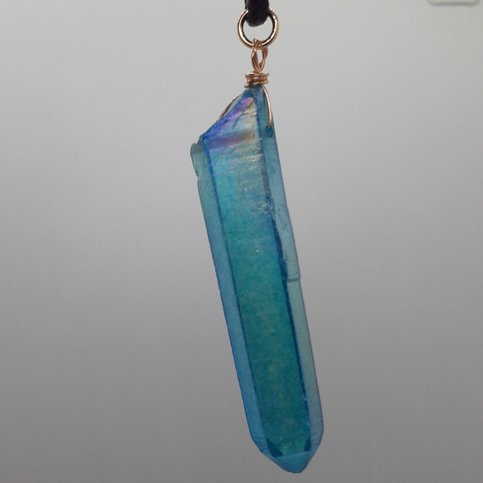 Blue Crystal Point Pendant Necklace Black Cord Adjustable Clasp Iridescence