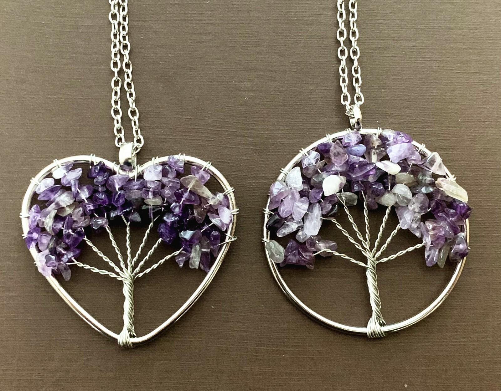 Heart-Shaped Braided Tree of Life Purple Crystal Gemstone Pendant Necklace