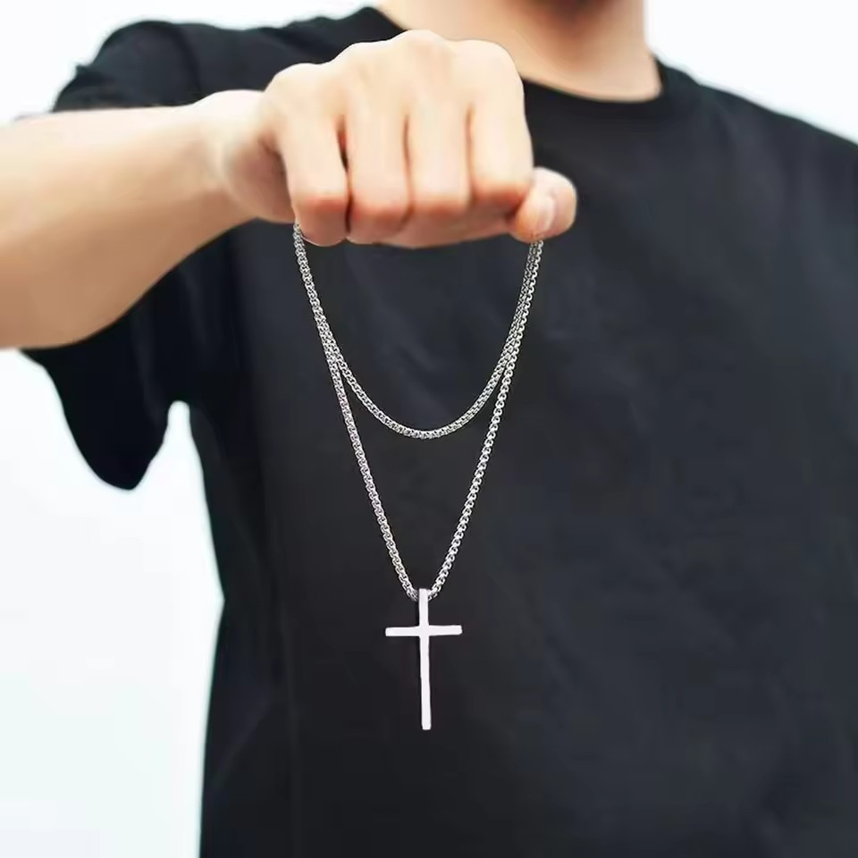 Cross Necklace for Men Women, Plain Pendant Collar with Stainless Steel Box