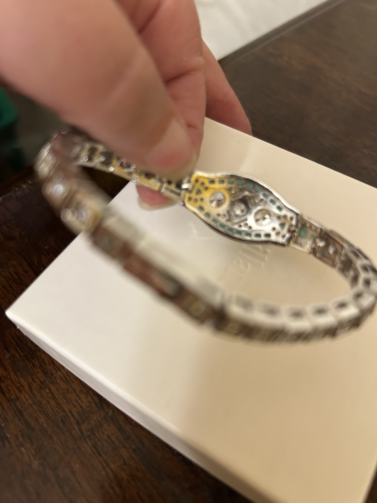 Silver Tone Emerald Green CZ And Diamond CZ Art Deco Inspired Bracelet NWT