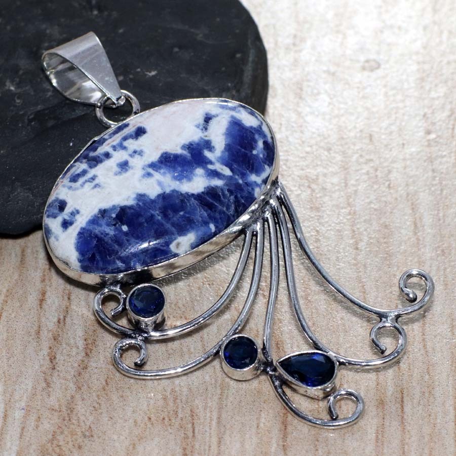 Long Sodalite Iolite Topaz 925 Silver Plated Pendant 3″ Limited Stock Deal JW