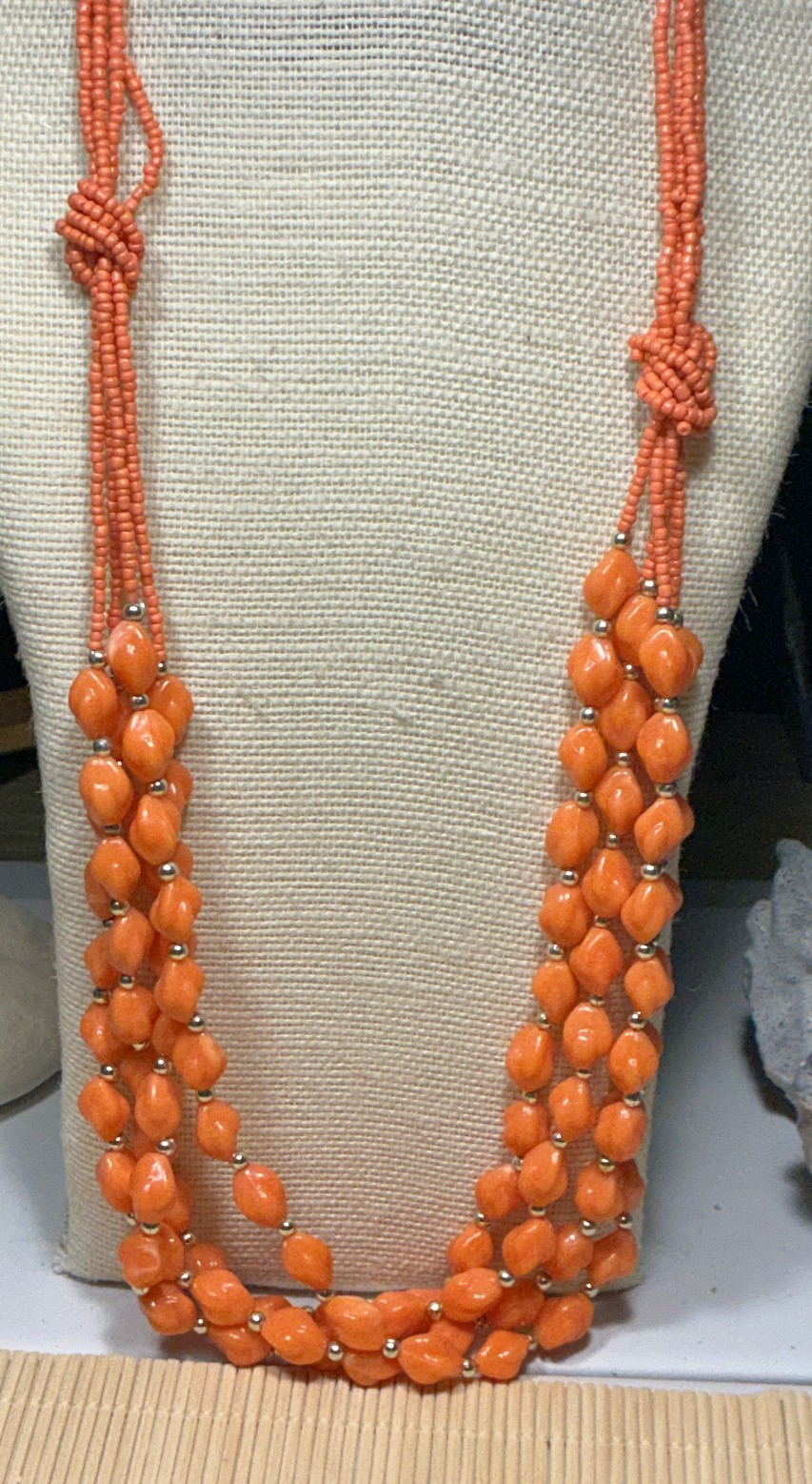 Fashion Necklace Orange Plastic & Glass Seed Bead Multi Strand Brass Lot 91