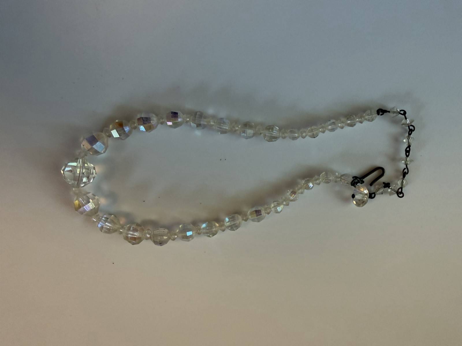 VintageClear Faceted Iridescent Glass Beaded Necklace 16in, Hook Closure