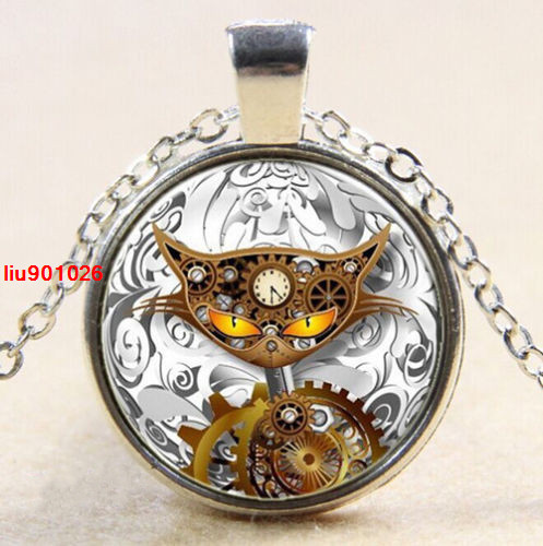 STEAMPUNK CAT CLOCK charm pendant 20″ Sterling Silver 925 necklace female men