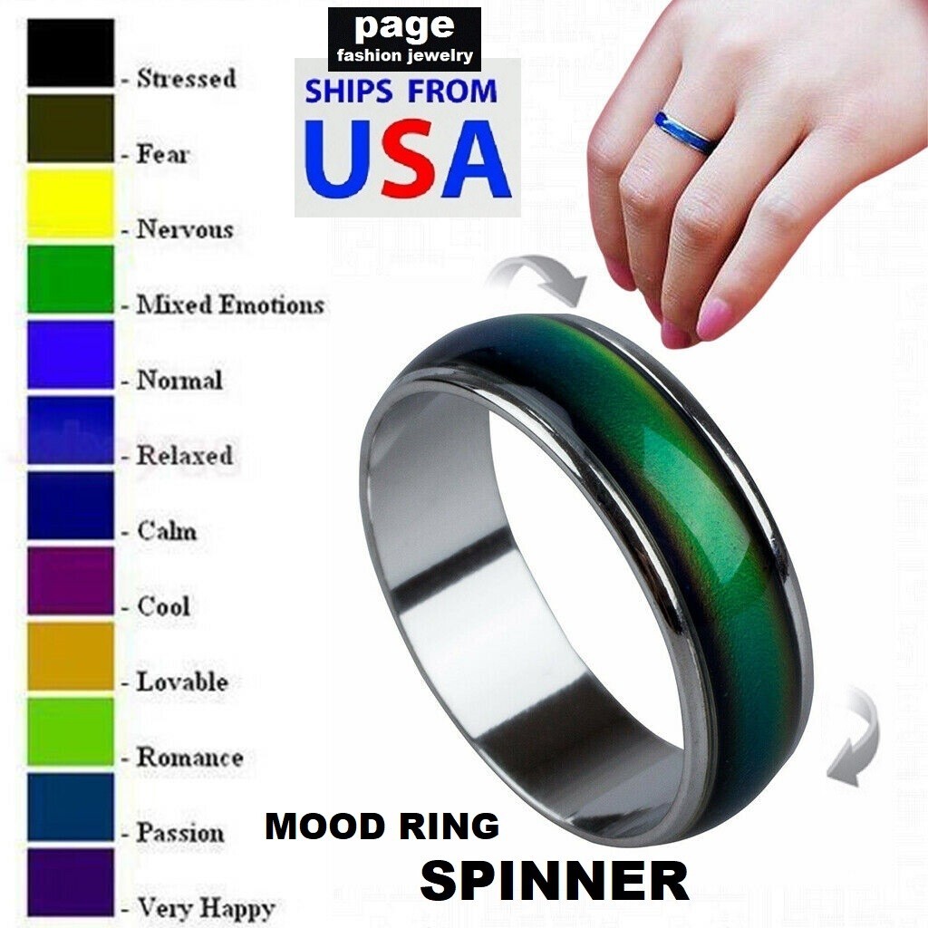 Mood Ring “Spinner” Change Color Stainless Steel Rings Size 5-10 – With E-Chart