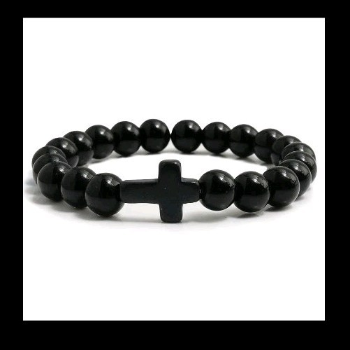 Charm Natural Stone Bracelet Cross Black Lava Matte Beaded Bracelets Handmade
