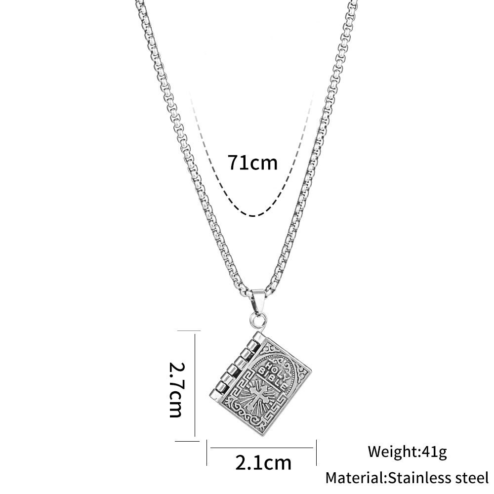 2× Stainless Steel Silver Bible Open Pages Pendant Unisex Necklace Lord’s Prayer