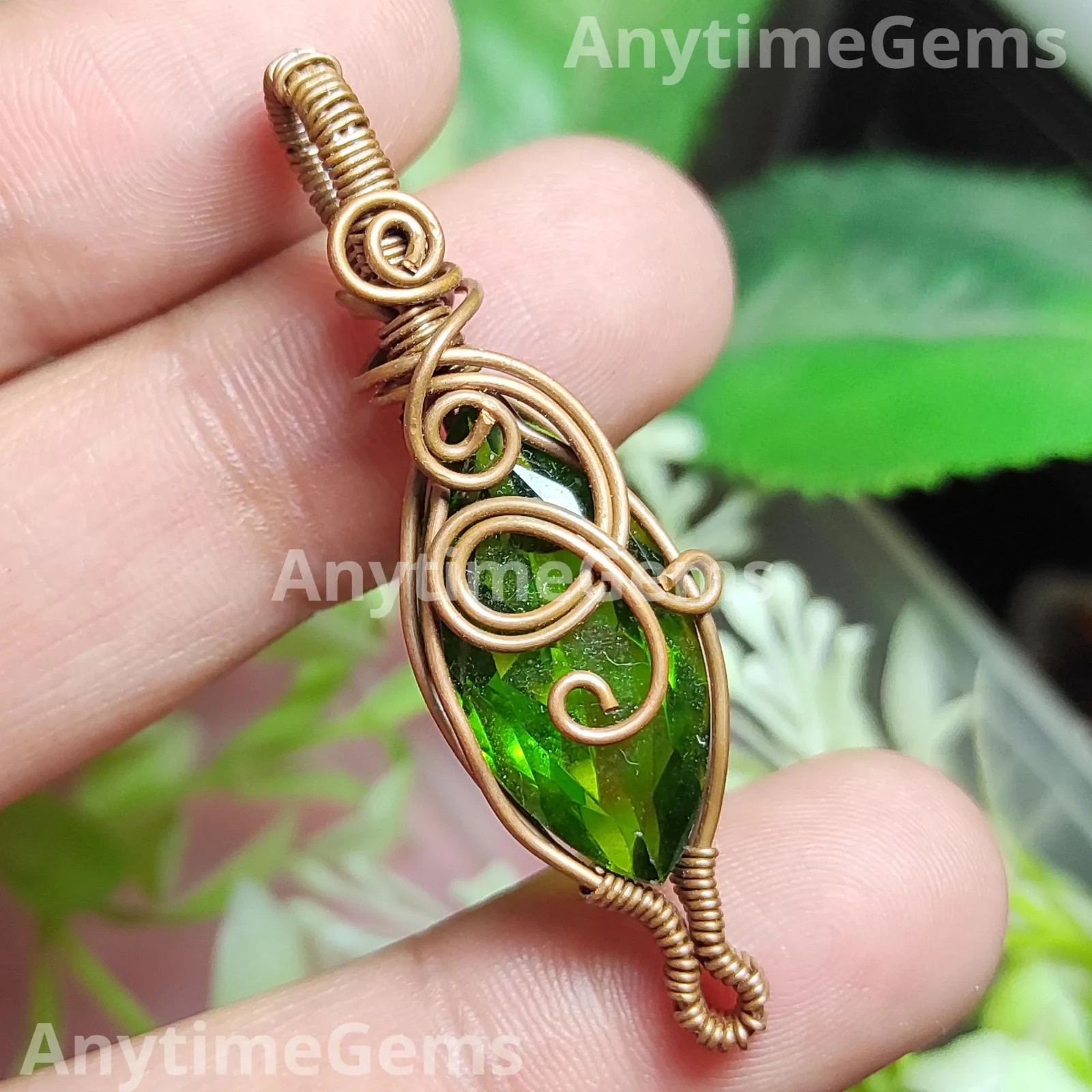 Handmade Copper Wire Wrapped Peridot Glass Stone Pendant Necklace