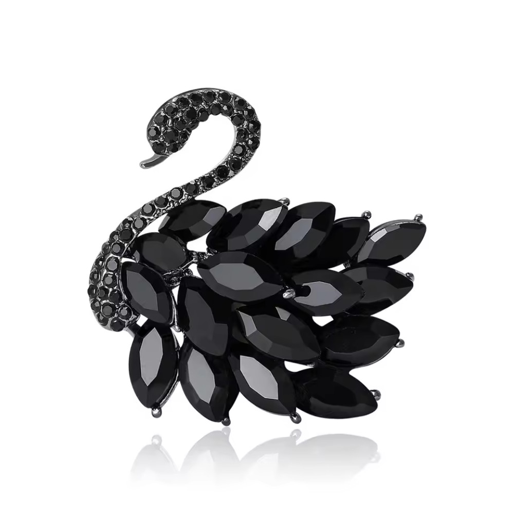 Crystal Black Rhinestone Swan Brooch Animal Pin Spring Summer Jewelry Gift
