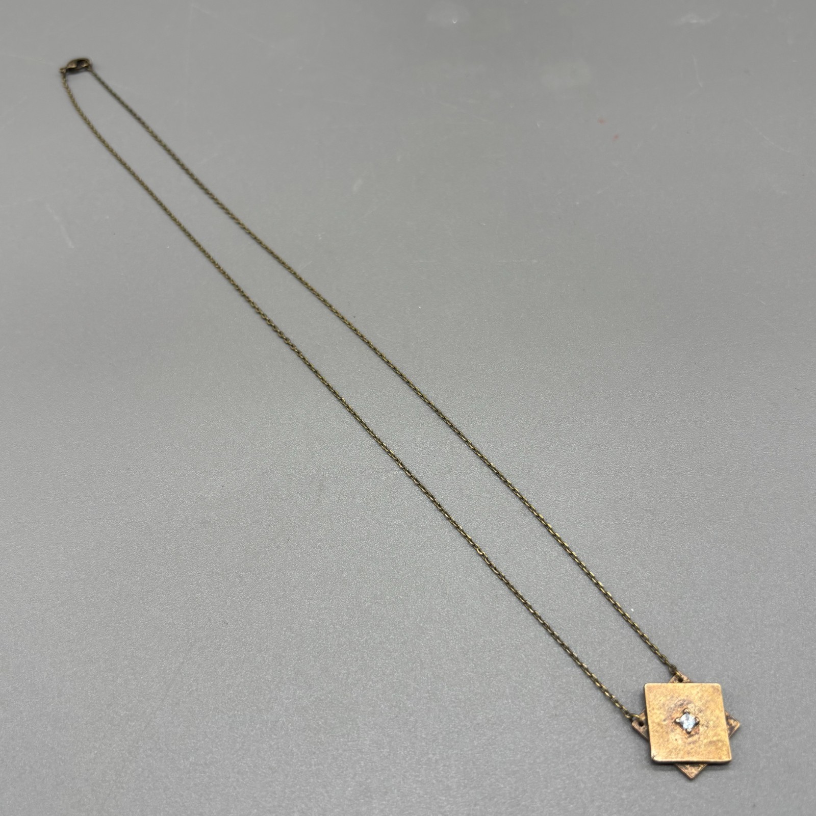 Geometric Square Pendant Necklace Brass Tone Crystal Accent Minimalist 20″