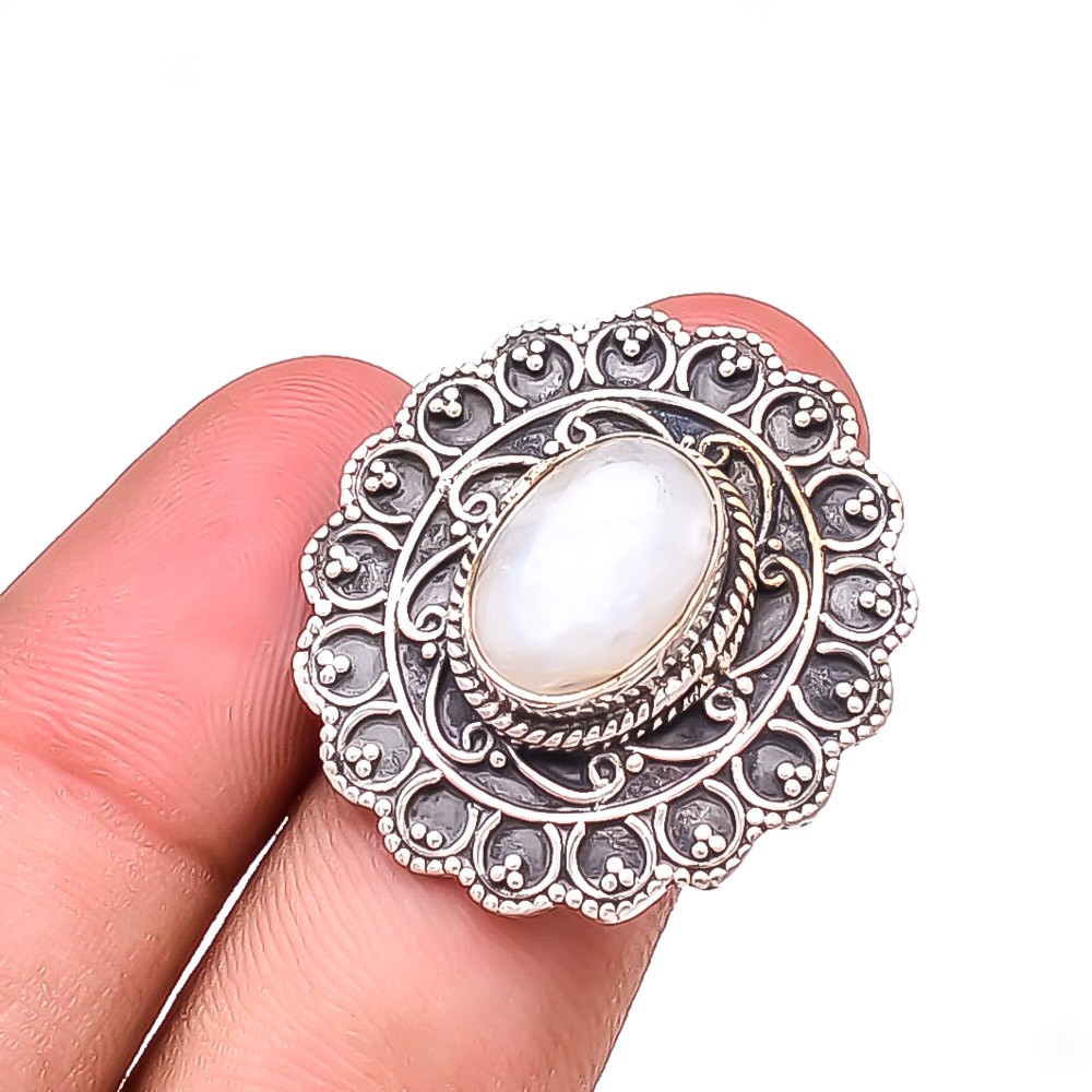 Moonstone – Sri Lanka Handmade Oxidised 925 Sterling Silver Ring S.10 R58825
