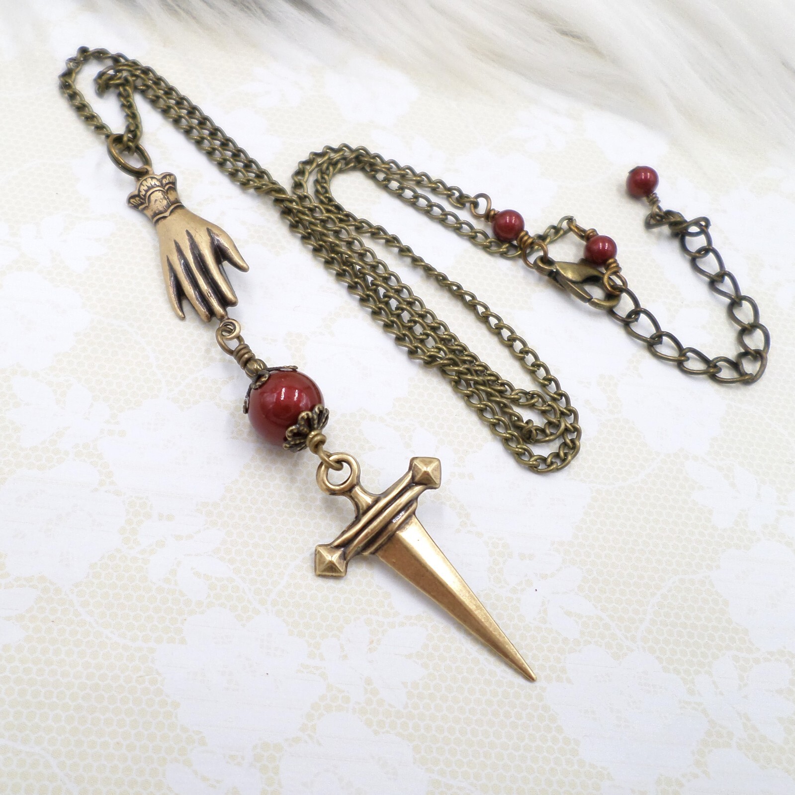Victorian Dagger Necklace, Antique Brass Red Pearl Dark Academia Handmade