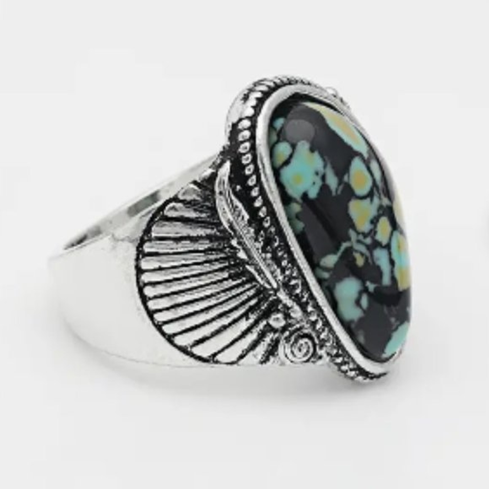 Bohemian Western Southwestern Cocktail Ring Sizes 7 8.5 Silver Green /Blue