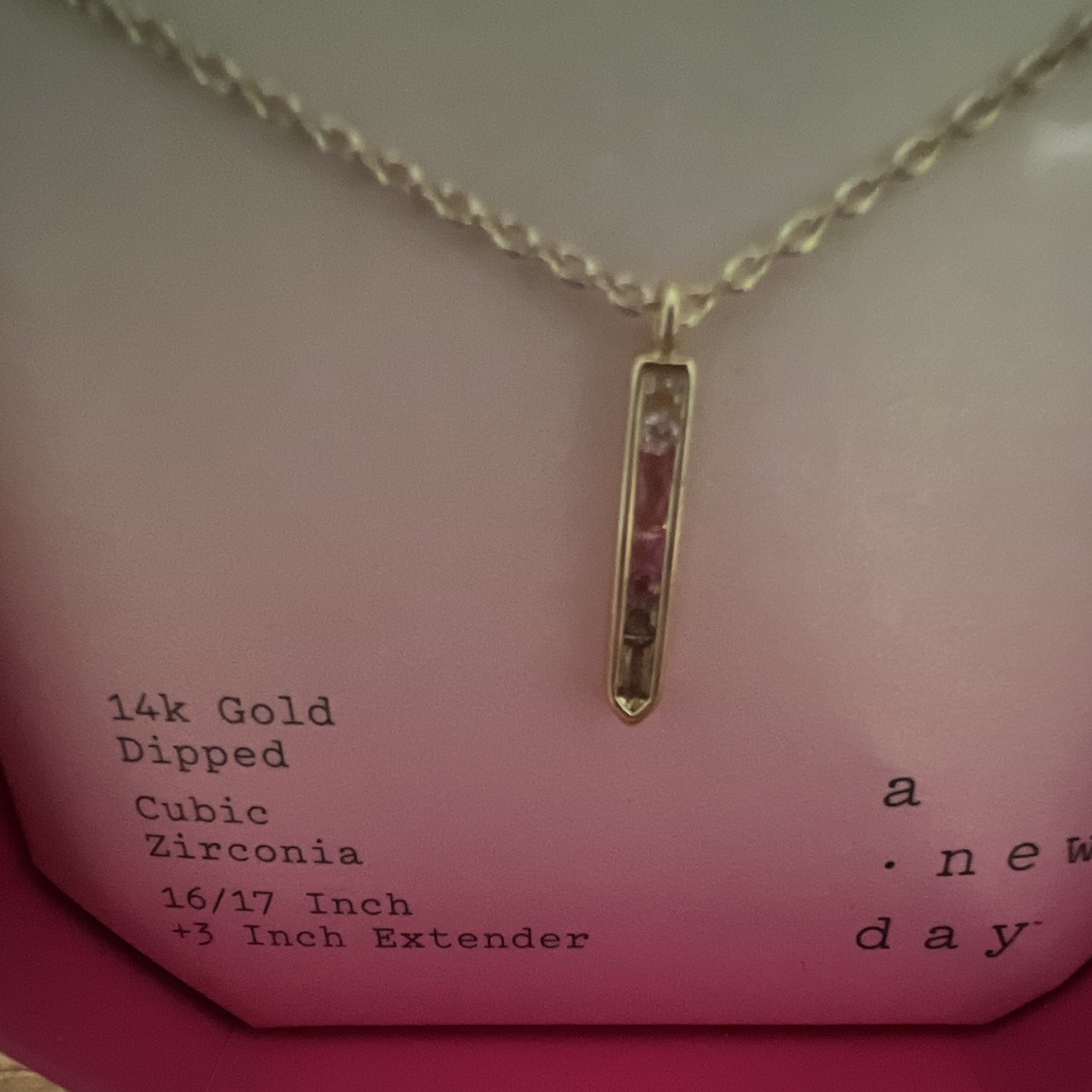 A New Day Yellow Gold Plated Clear CZ Bar Rectangle Pendant Necklace 16/17 in