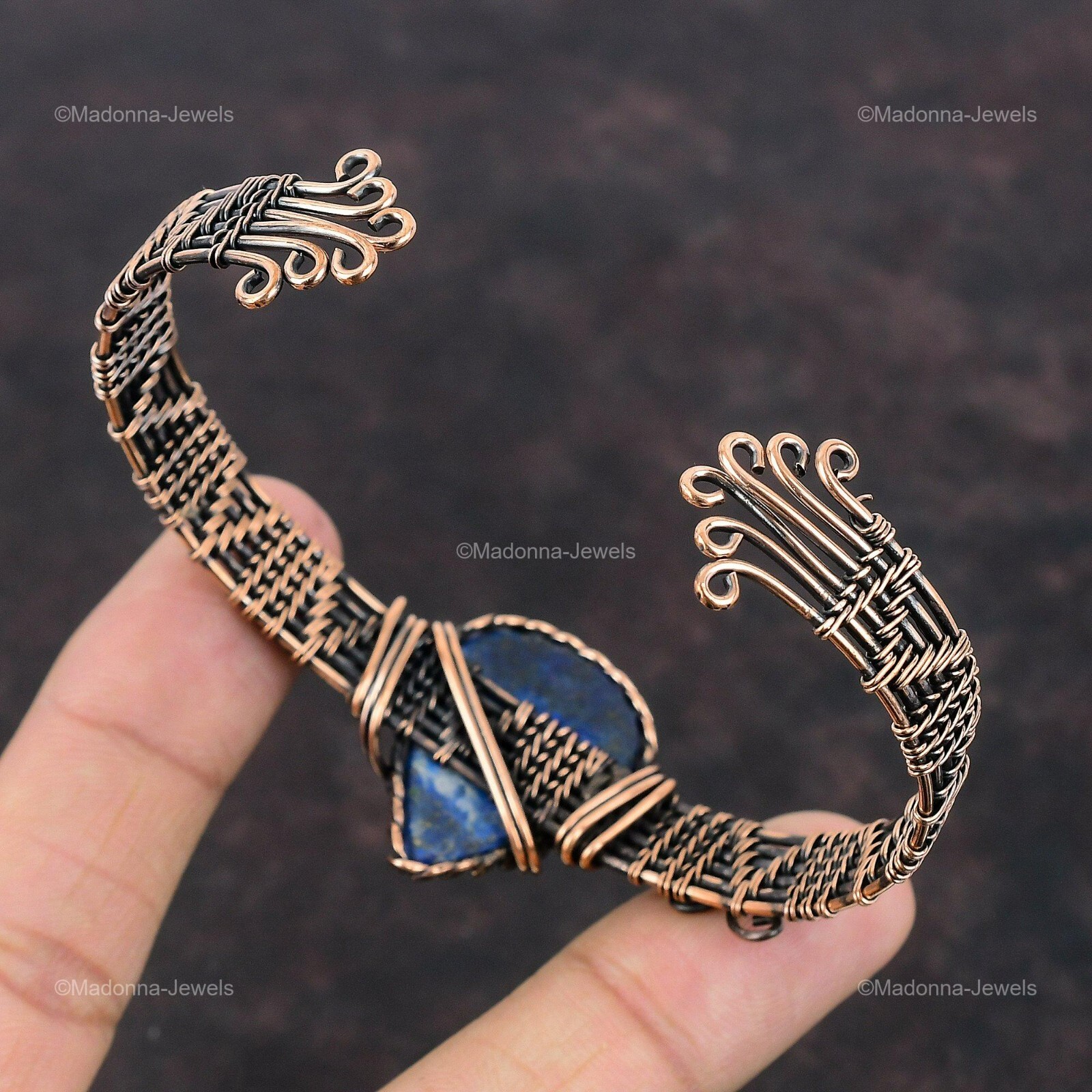 Lapis Lazuli Wire Wrapped Cuff Adjustable Bangle Handcrafted Copper Ethnic Gift
