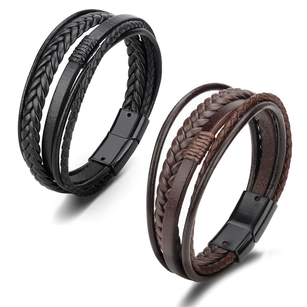 2pcs Trendy Leather Bracelets For Men Stainless Steel Bracelet 21CM Multilayer