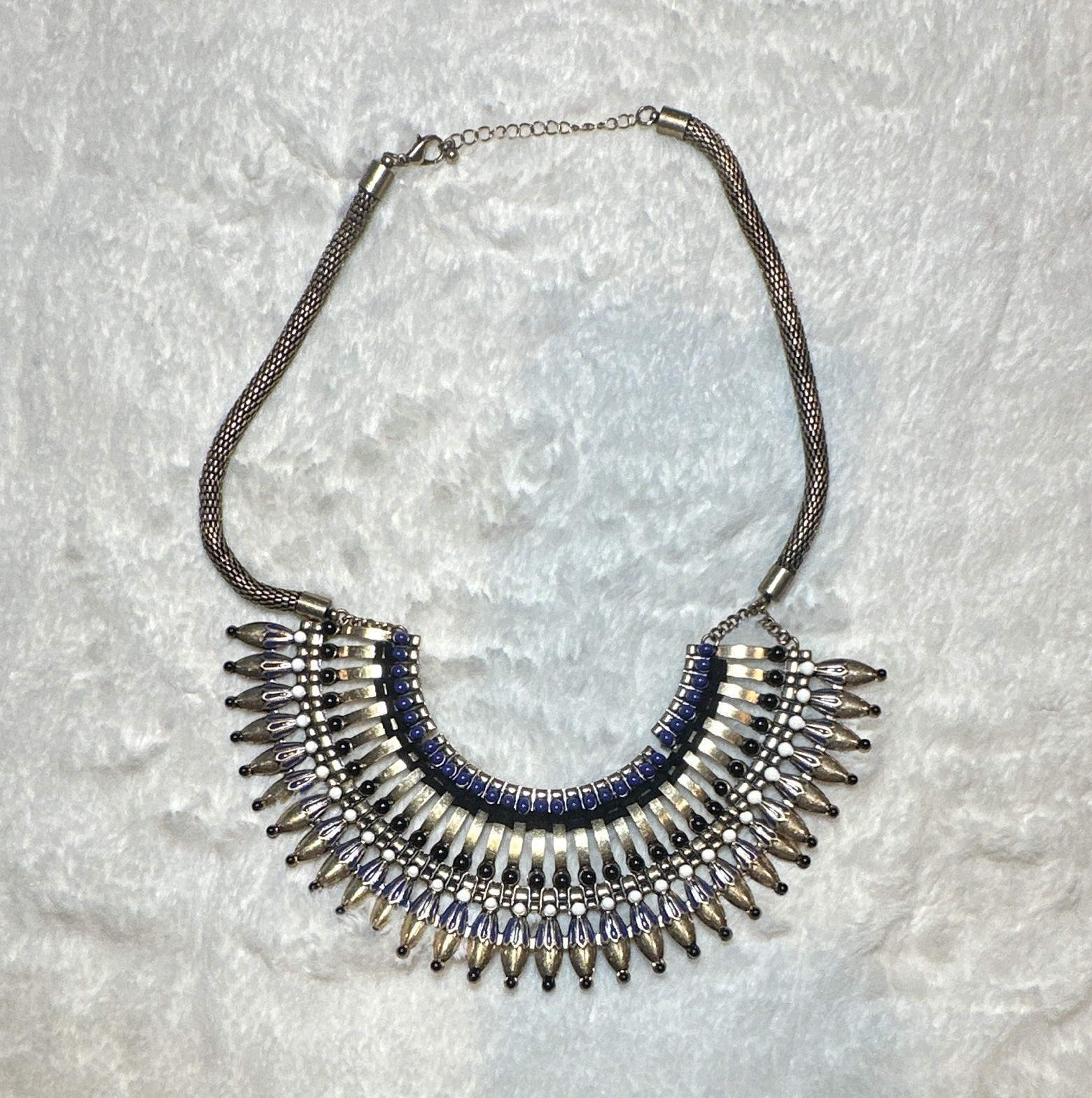 Silver Tone Blue Statement Bib Collar Necklace Snake Chain Lobster Clasp