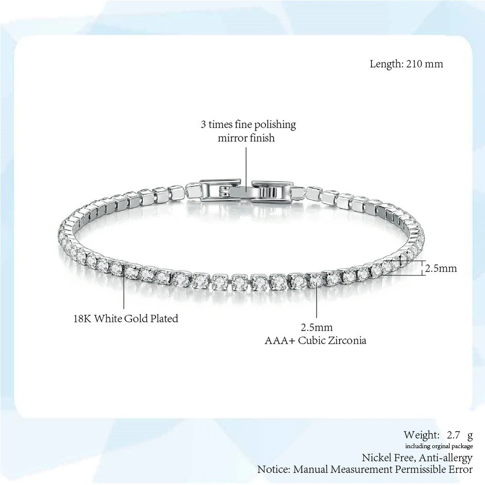 2.5mm AAA+ Cubic Zirconia Tennis Bracelet 17cm Rose Gold Silver Plated Women