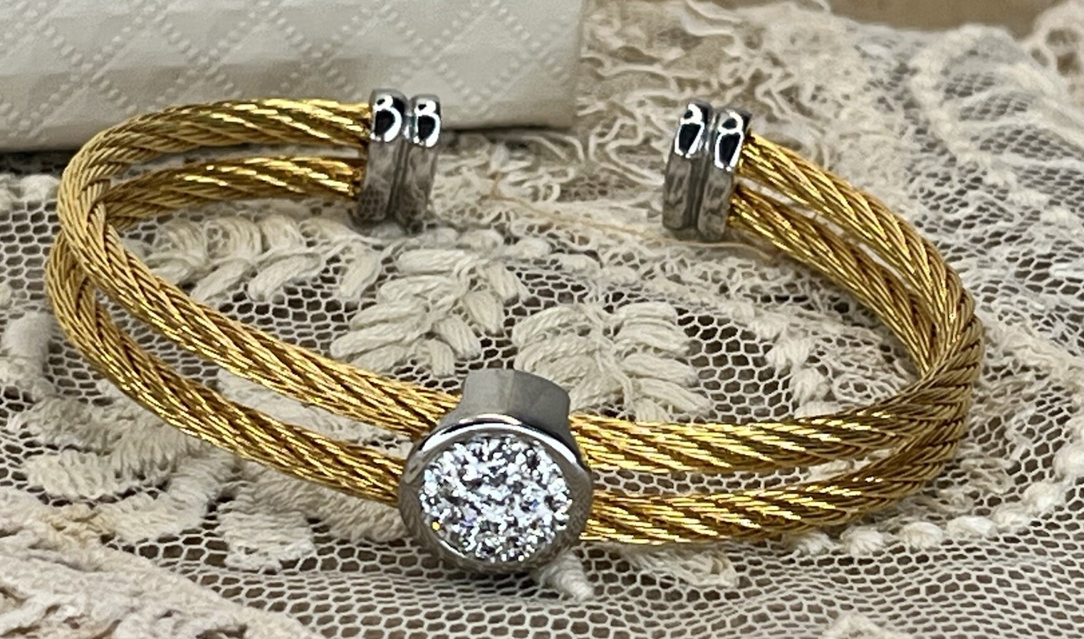 QVC Stainless Steel Gold Double Mesh Pave’ Round Station Cuff Bracelet 6.25”