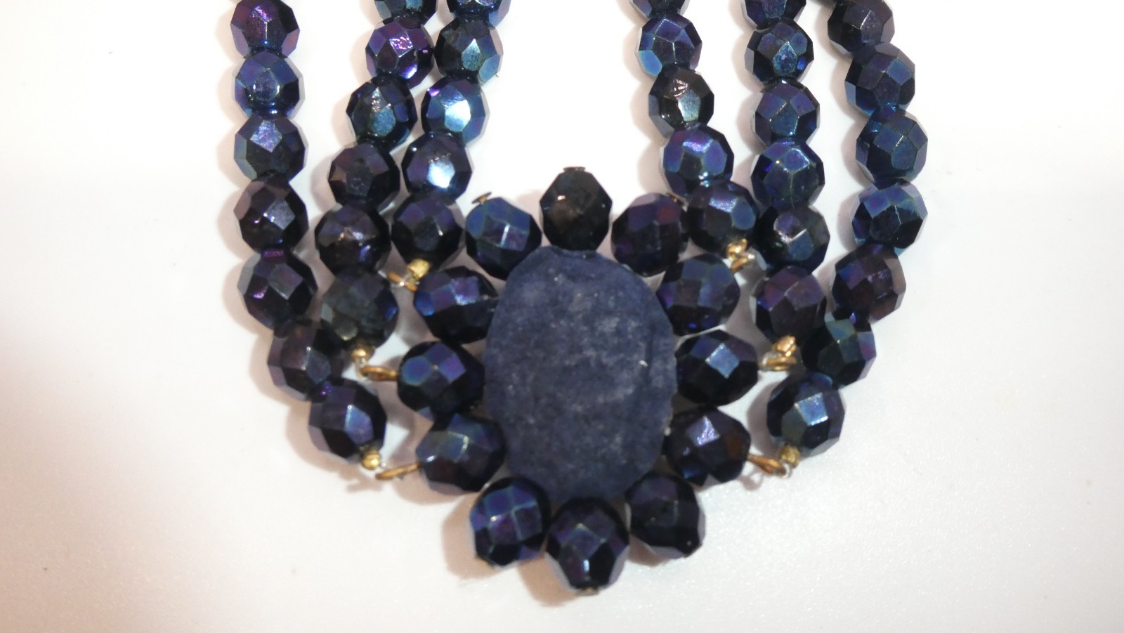 Vtg Glass Cameo 3 Strand Choker Necklace Peacock Black Blue Glass Faceted Beads