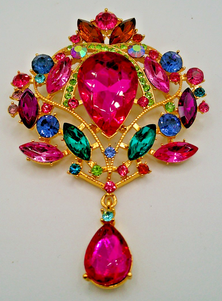 Pink Large Rhinestone w/ dangler brooch Pin ~ Holiday ~ 3.9″ (E6)