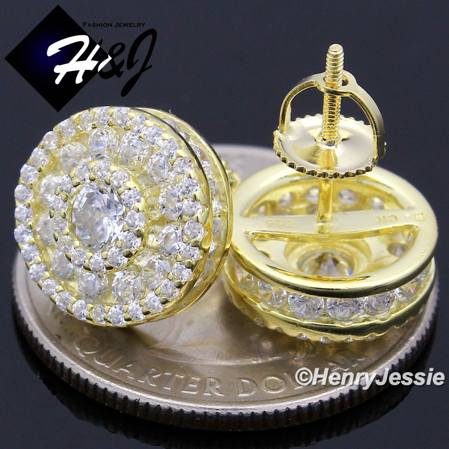 MEN 925 STERLING SILVER ICY CUBIC ZIRCONIA 12MM GOLD PALTED 3D STUD EARRING*G172