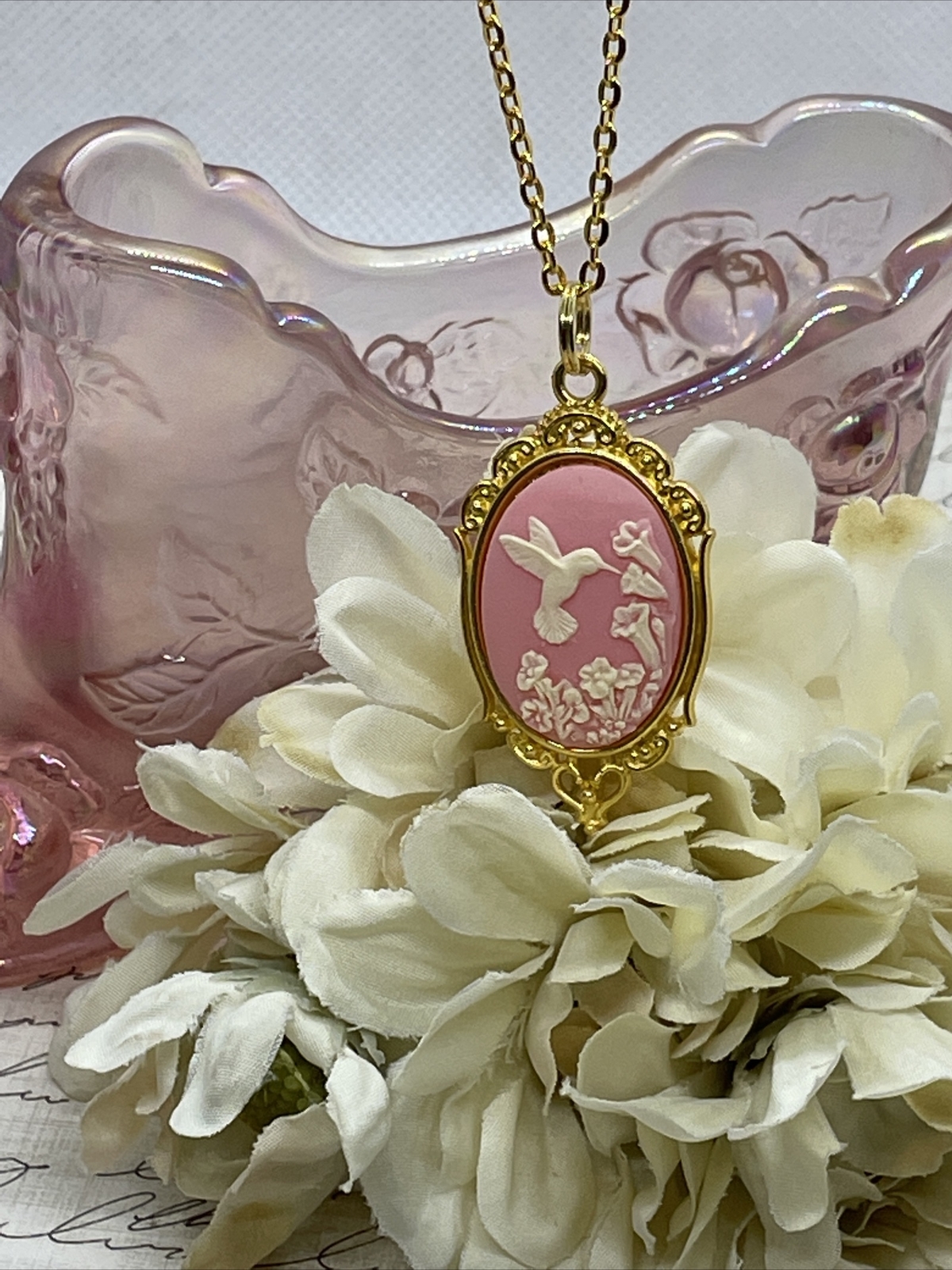 PINK Hummingbird Necklace Heart Cameo Mom Daughter Gold wedding JEWELRY Easter
