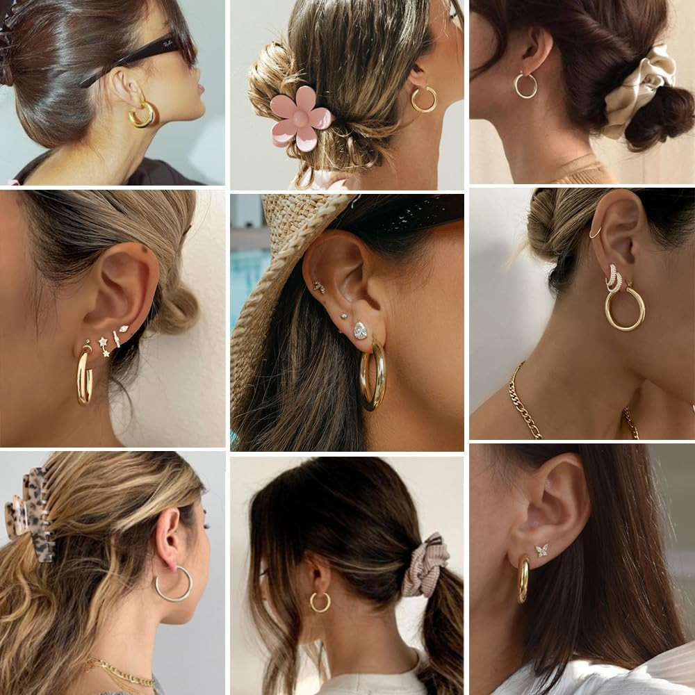 6 Pairs Simple Gold Hoop Earrings Set for Women Trendy, 14K Gold Plated Chunky H