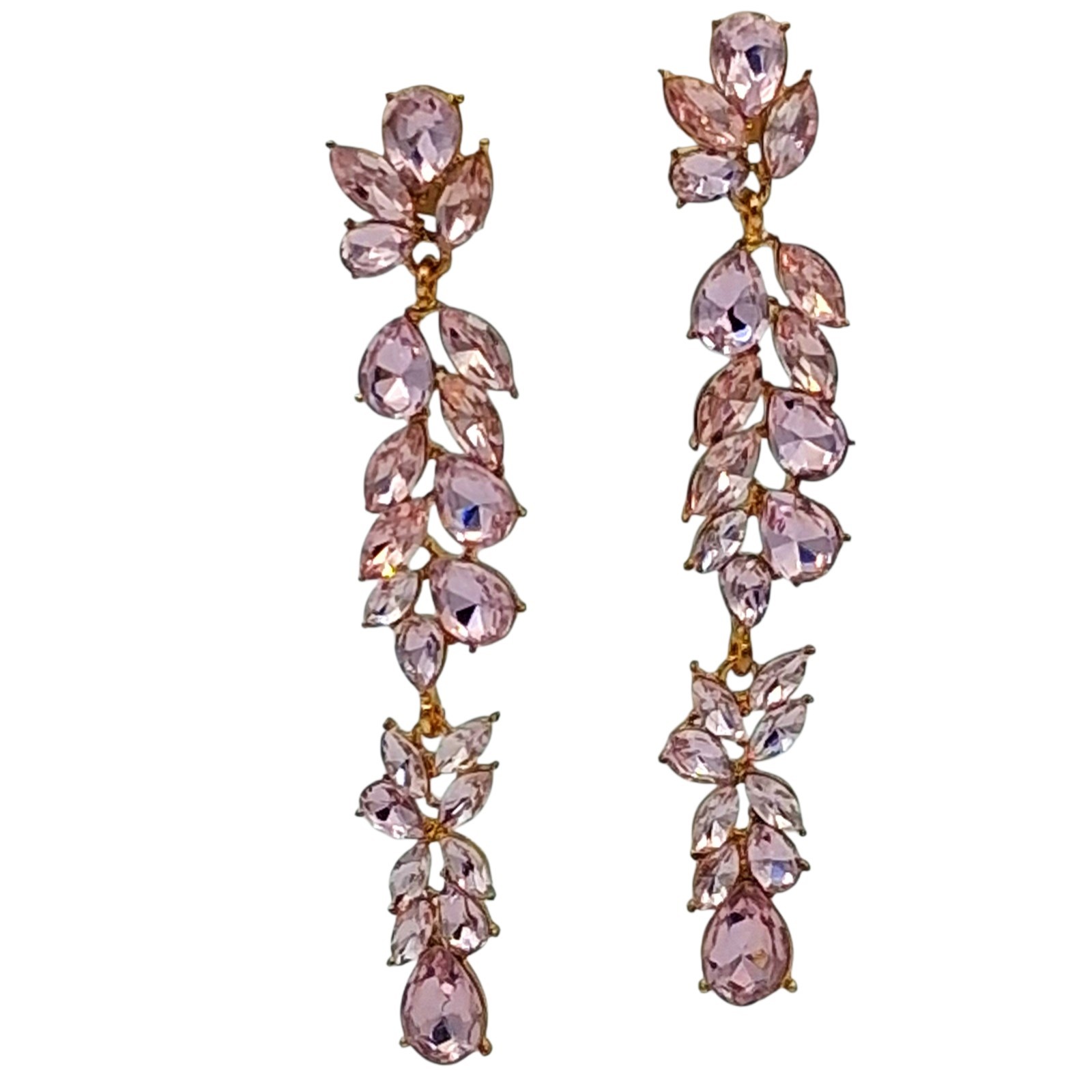 Gold Tone Pink Rhinestone Dangle Earrings 3″ Mixed Shape Bridal VGC