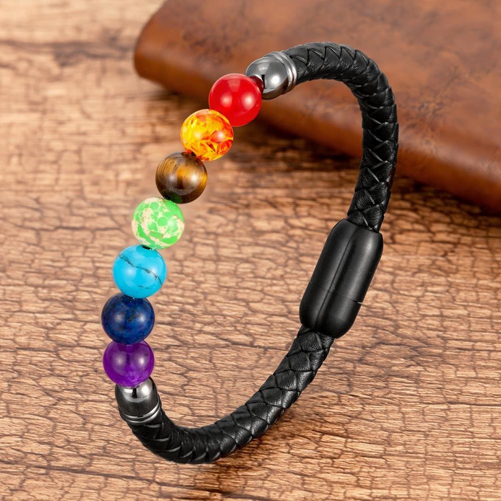 Chakra Bead Stone Bracelet Black Leather Steel Bangle for Men and Women