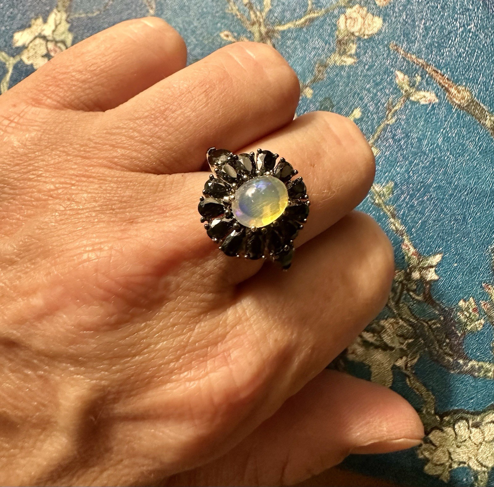 JTV Ethiopian Opal Black Spinel Ring Sterling Silver 925 Size 8 Rhodium Plated