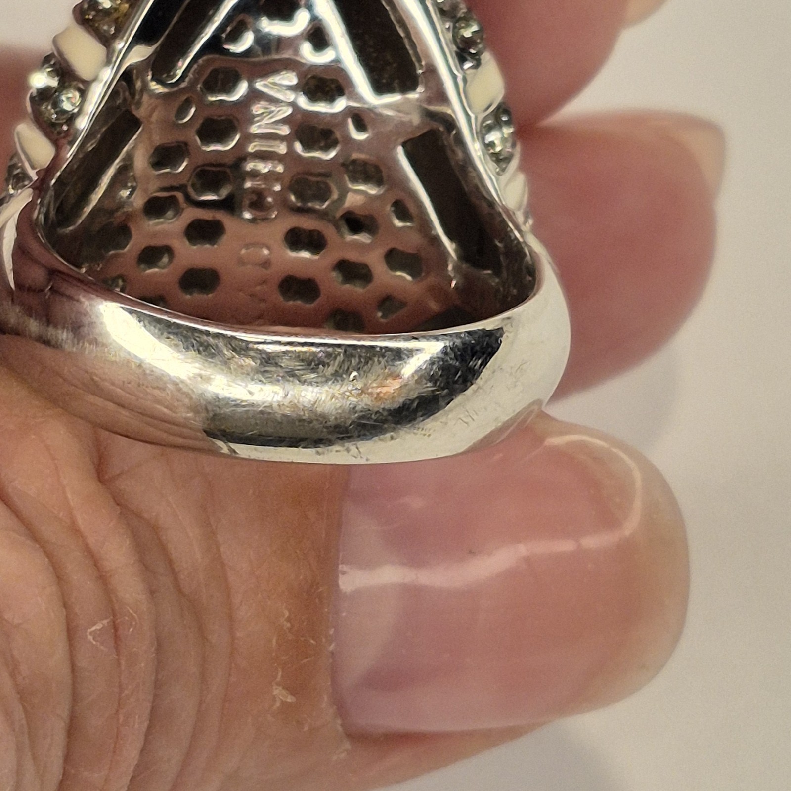Akkad Cream White Enamel Clear Rhinestones silver tone Statement Ring Size 9 1/4