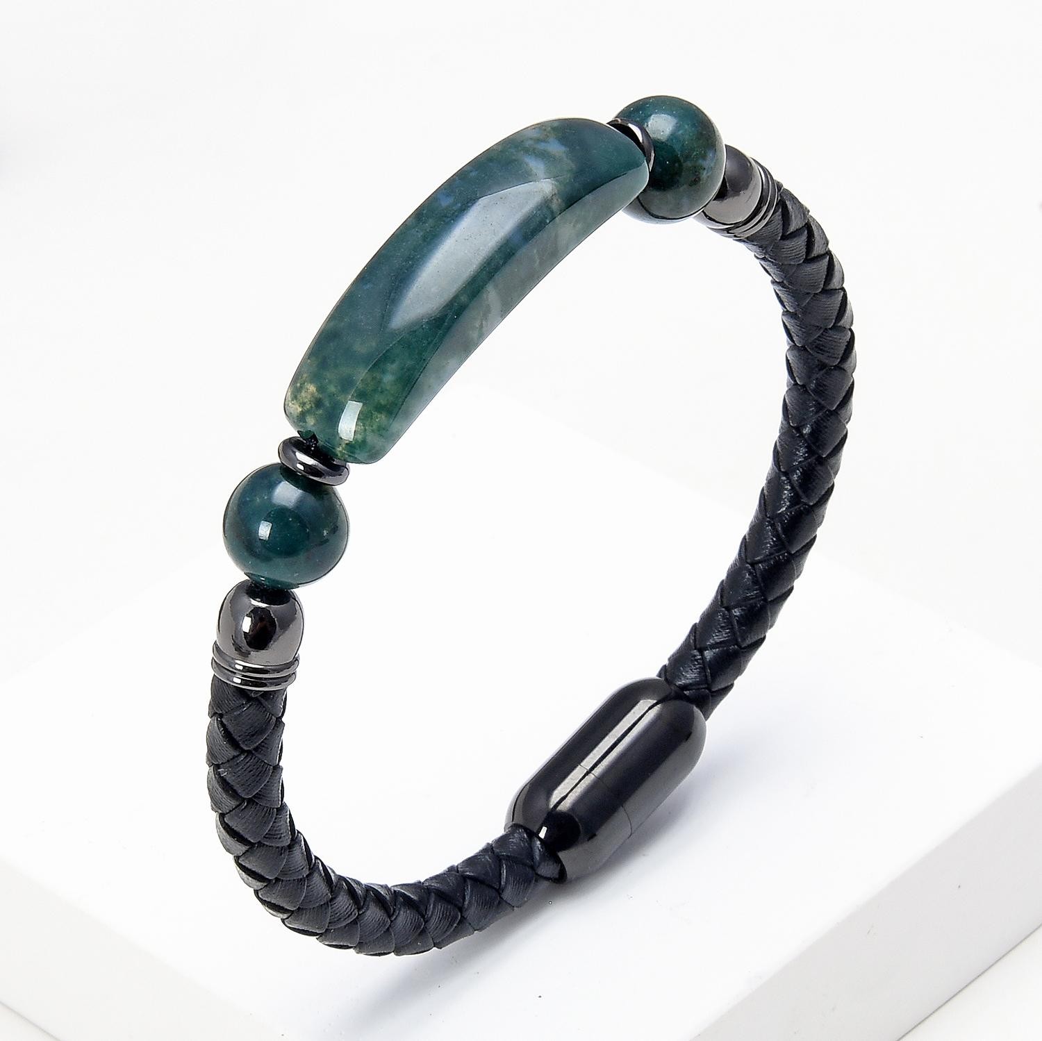 Women’s Stone Bead Leather Bracelet Stainless Steel Buckle Jewelry