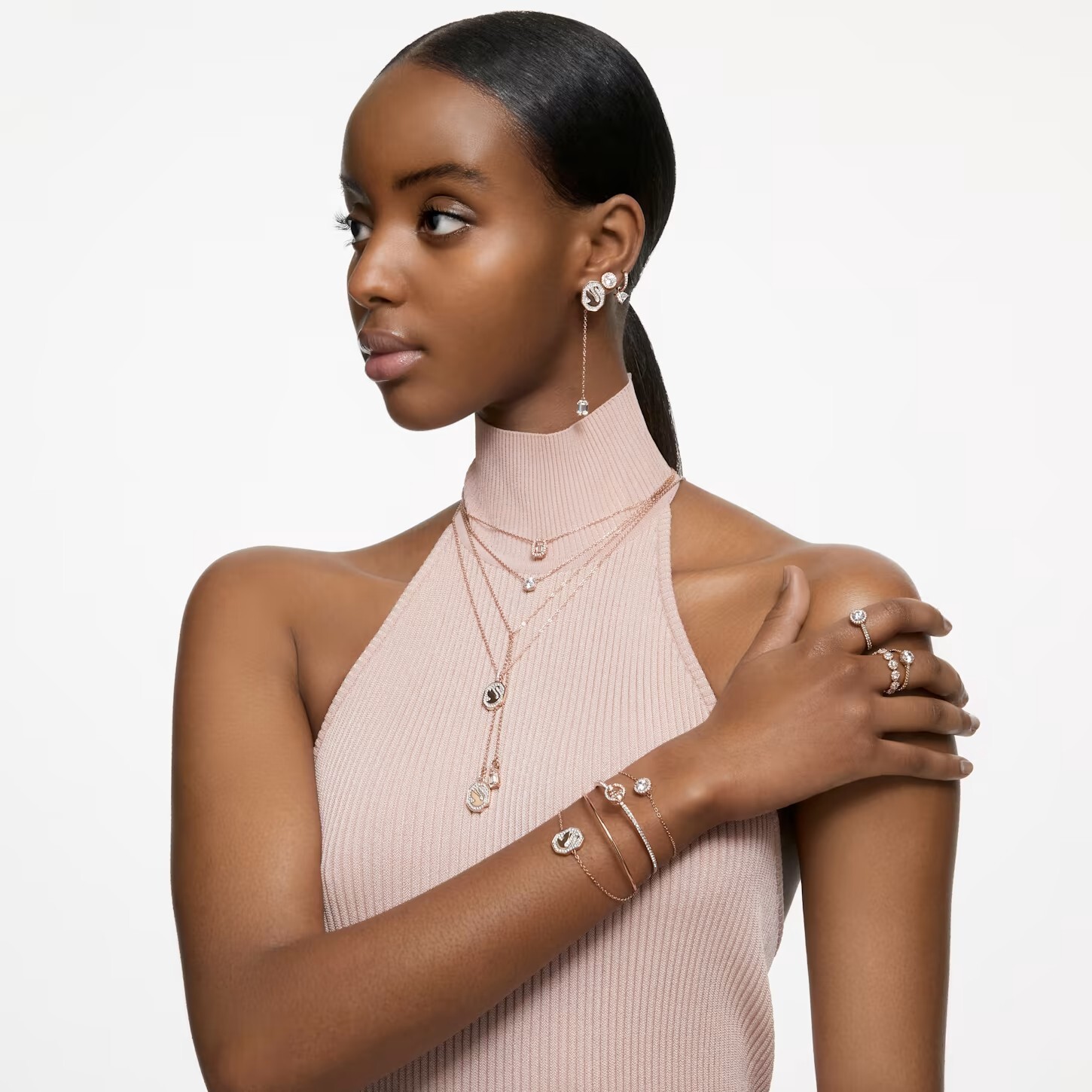 Swarovski Crystal Swan Bangle, White, Rose Gold Tone Plated 5628568