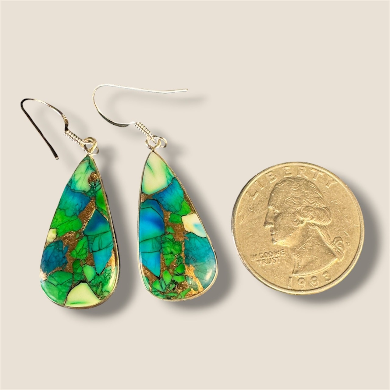 925 Sterling Silver Blue Green Mosaic Turquoise Teardrop Dangle Earrings New