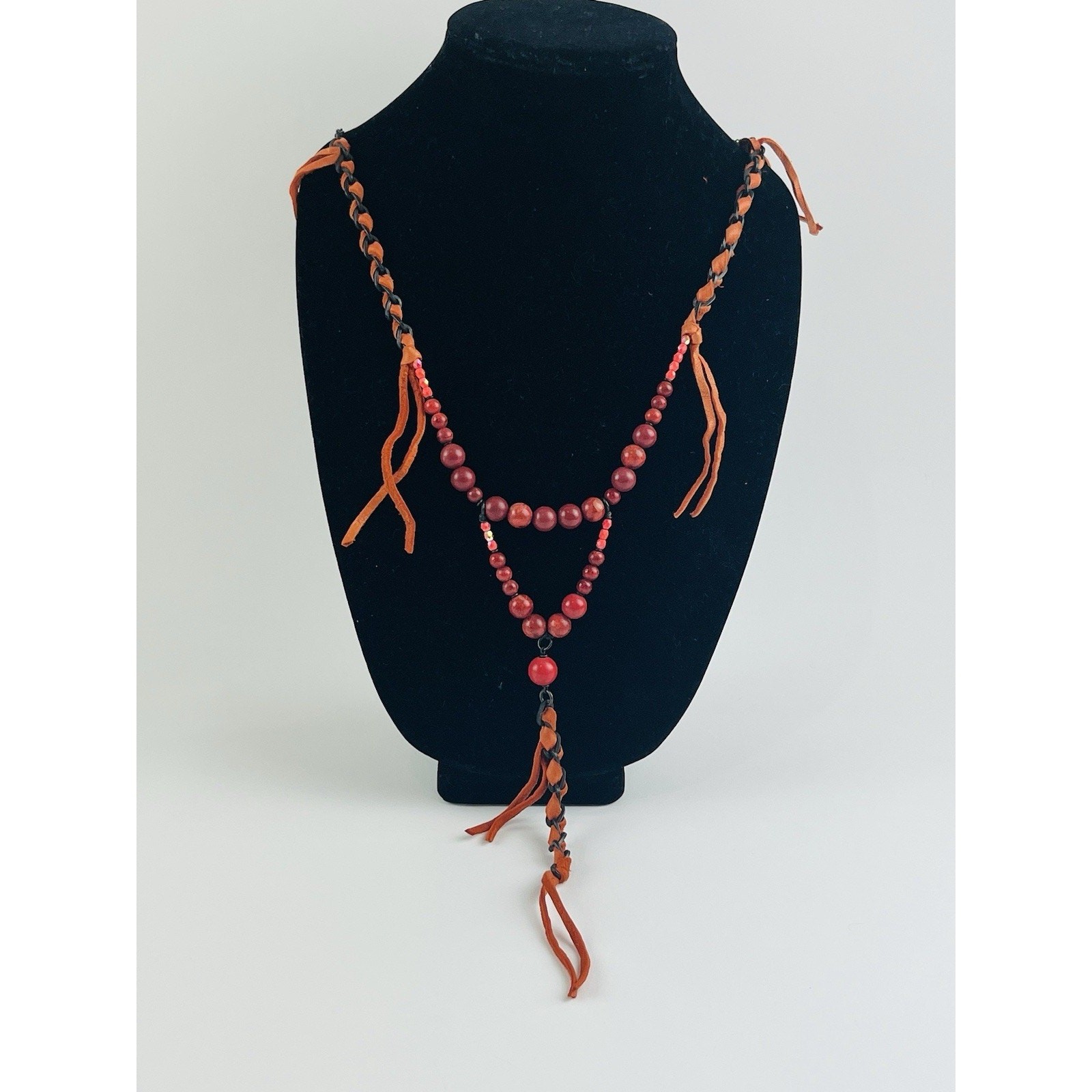 Annie Costello Brown necklace Orange Suede Leather Beaded Twisted Lariat Y Drop