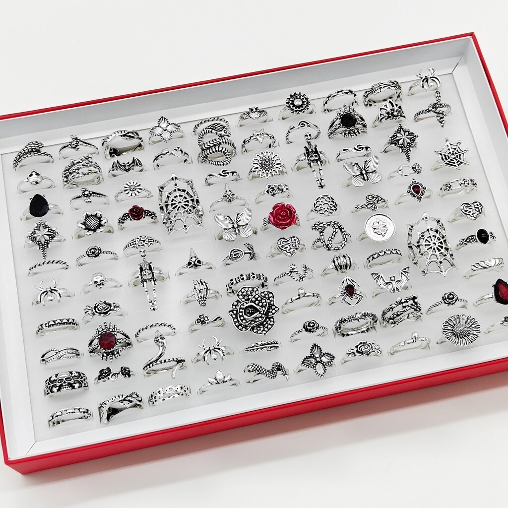 Wholesale 50pcs Mix Punk Gothic Vintage Rings Alloy Plated Silver Skull Ring Lot